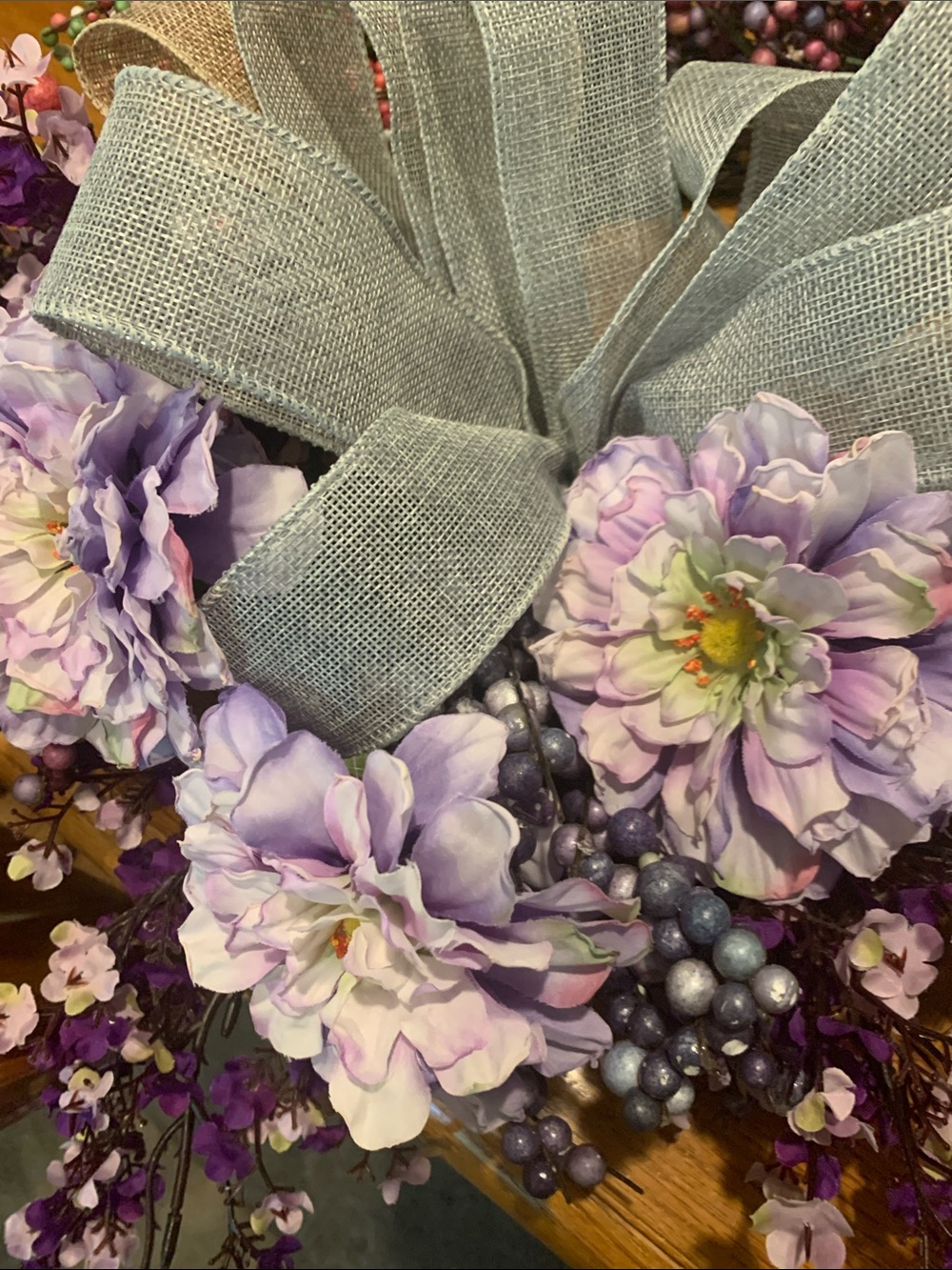 D,s. Handmade Lavender and Pink Berry Wreath with Gray Burlap Bow